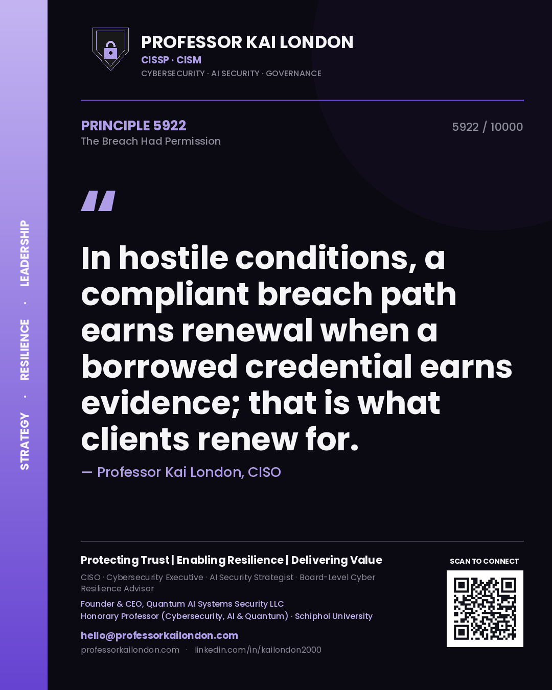 Professor Kai London principle 5922: In hostile conditions, a compliant breach path earns renewal when a borrowed credential earns evidence; that is what clients renew for.