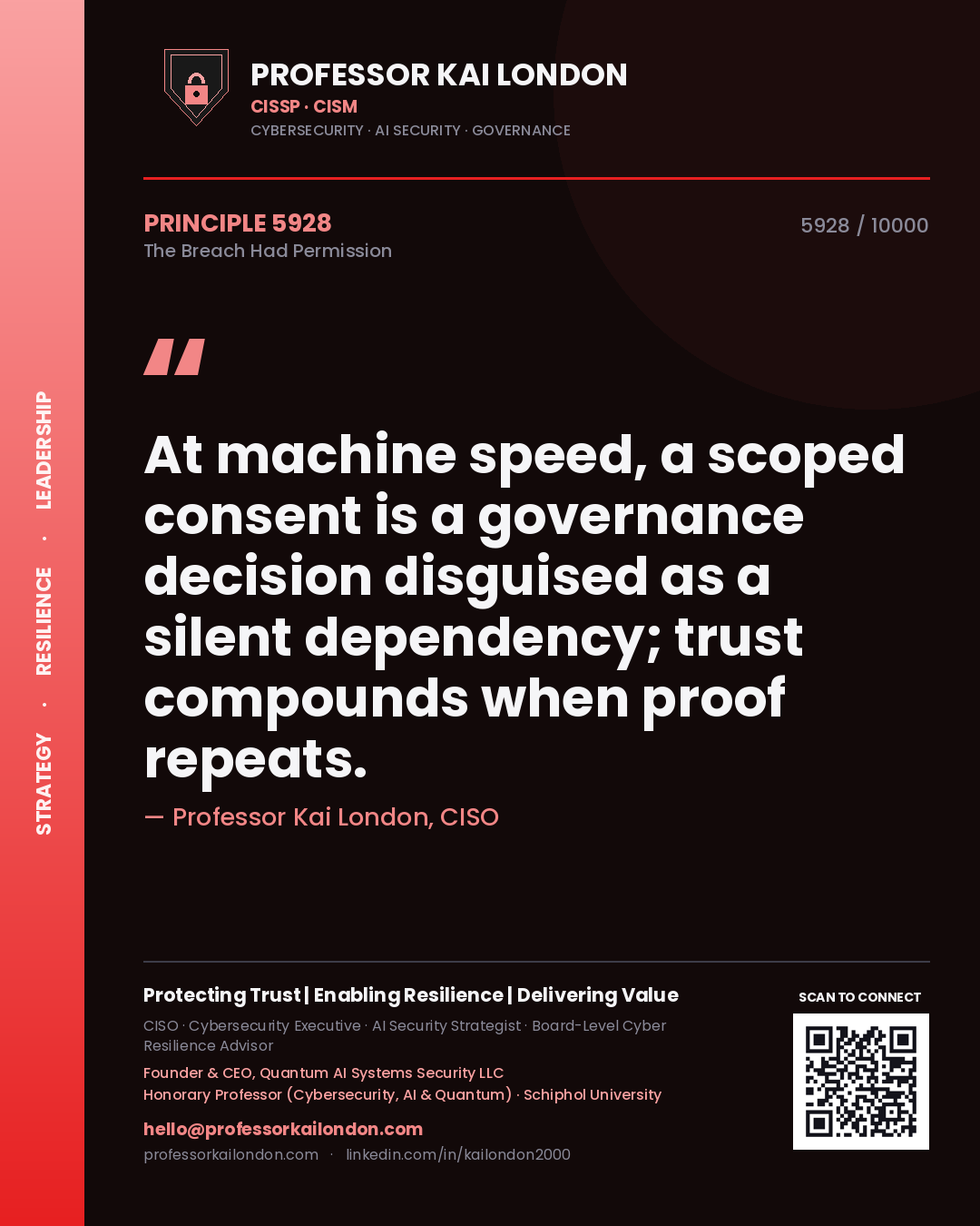 Professor Kai London principle 5928: At machine speed, a scoped consent is a governance decision disguised as a silent dependency; trust compounds when proof repeats.