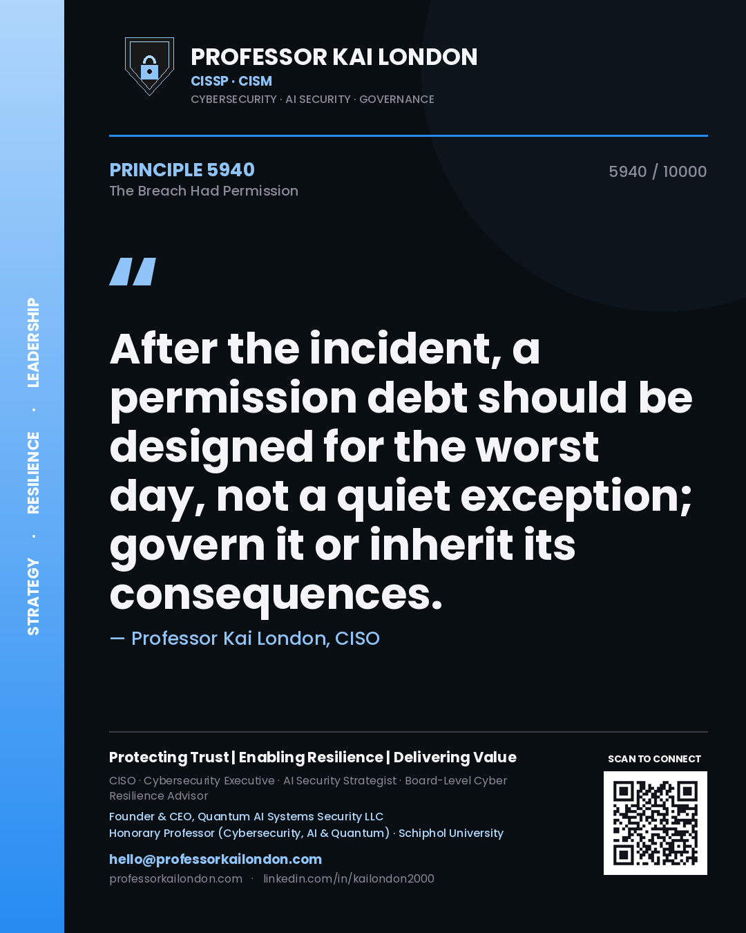 Professor Kai London principle 5940: After the incident, a permission debt should be designed for the worst day, not a quiet exception; govern it or inherit its consequences.