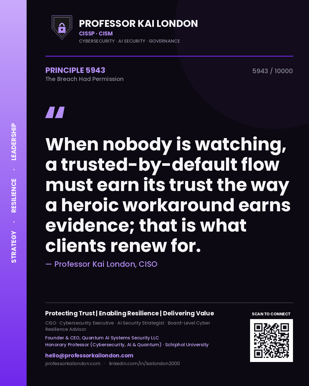 Professor Kai London principle 5943: When nobody is watching, a trusted-by-default flow must earn its trust the way a heroic workaround earns evidence; that is what clients renew for.