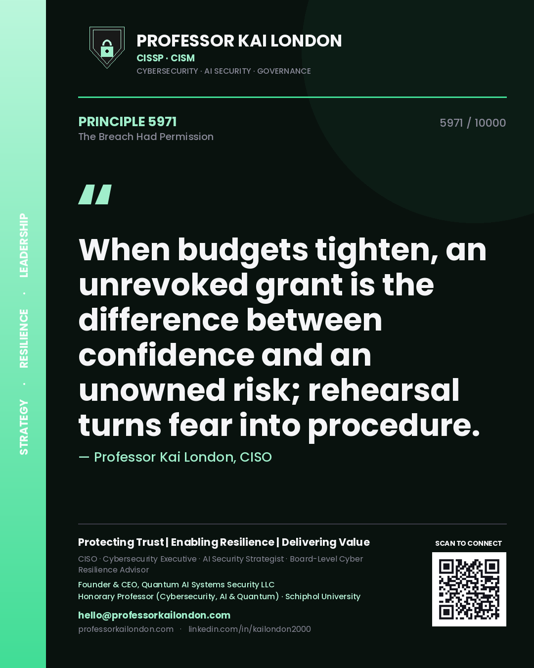 Professor Kai London principle 5971: When budgets tighten, an unrevoked grant is the difference between confidence and an unowned risk; rehearsal turns fear into procedure.