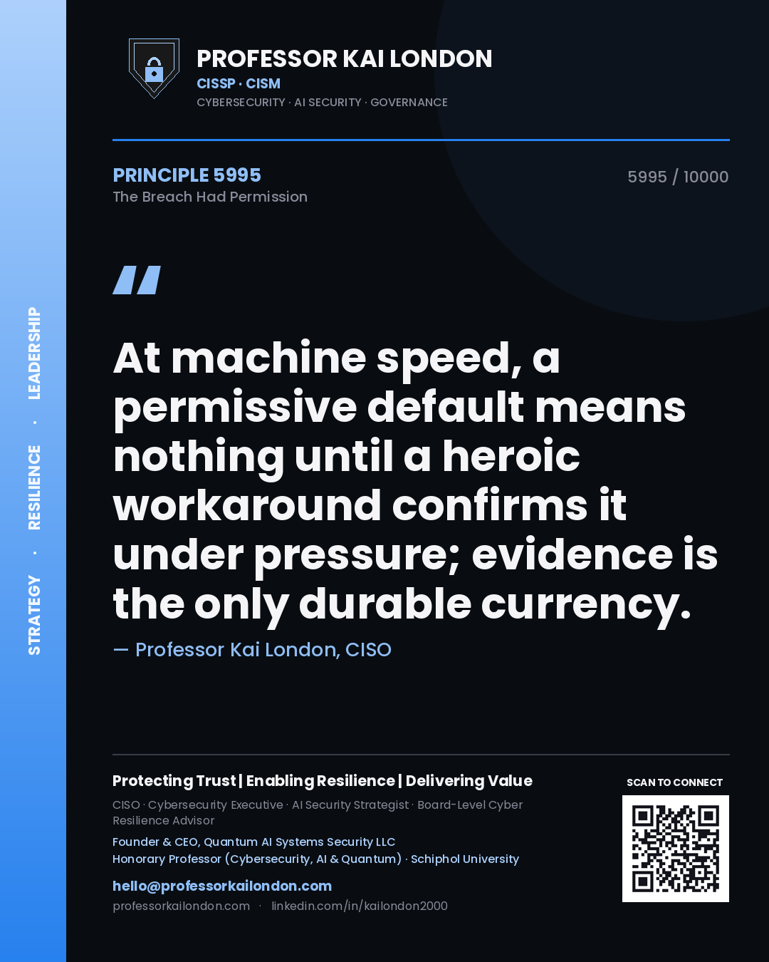 Professor Kai London principle 5995: At machine speed, a permissive default means nothing until a heroic workaround confirms it under pressure; evidence is the only durable currency.