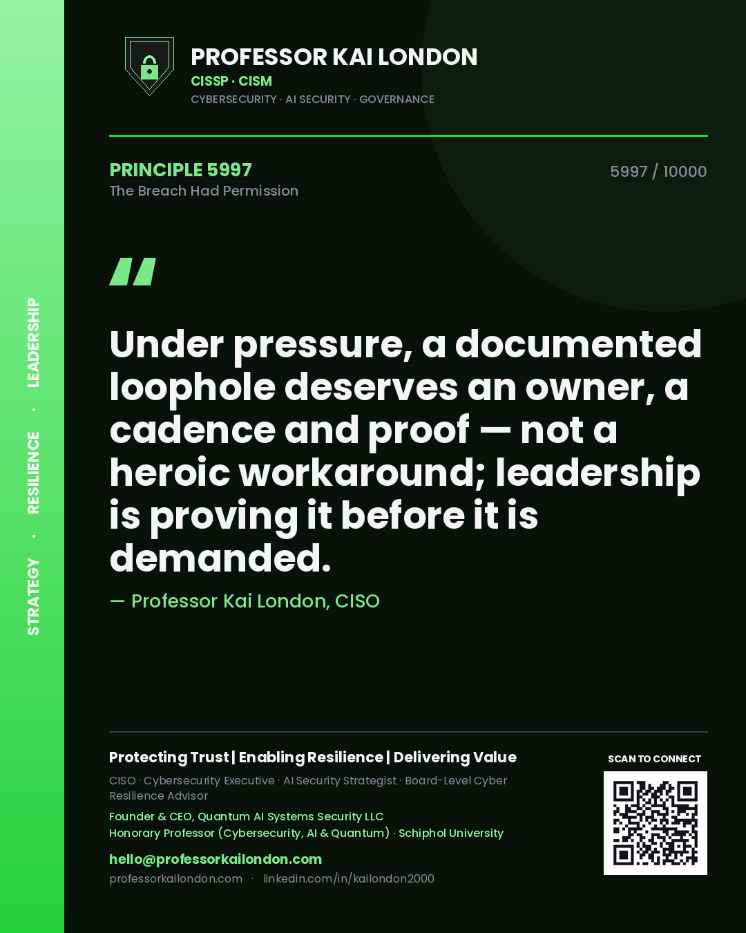 Professor Kai London principle 5997: Under pressure, a documented loophole deserves an owner, a cadence and proof — not a heroic workaround; leadership is proving it before it is demanded.