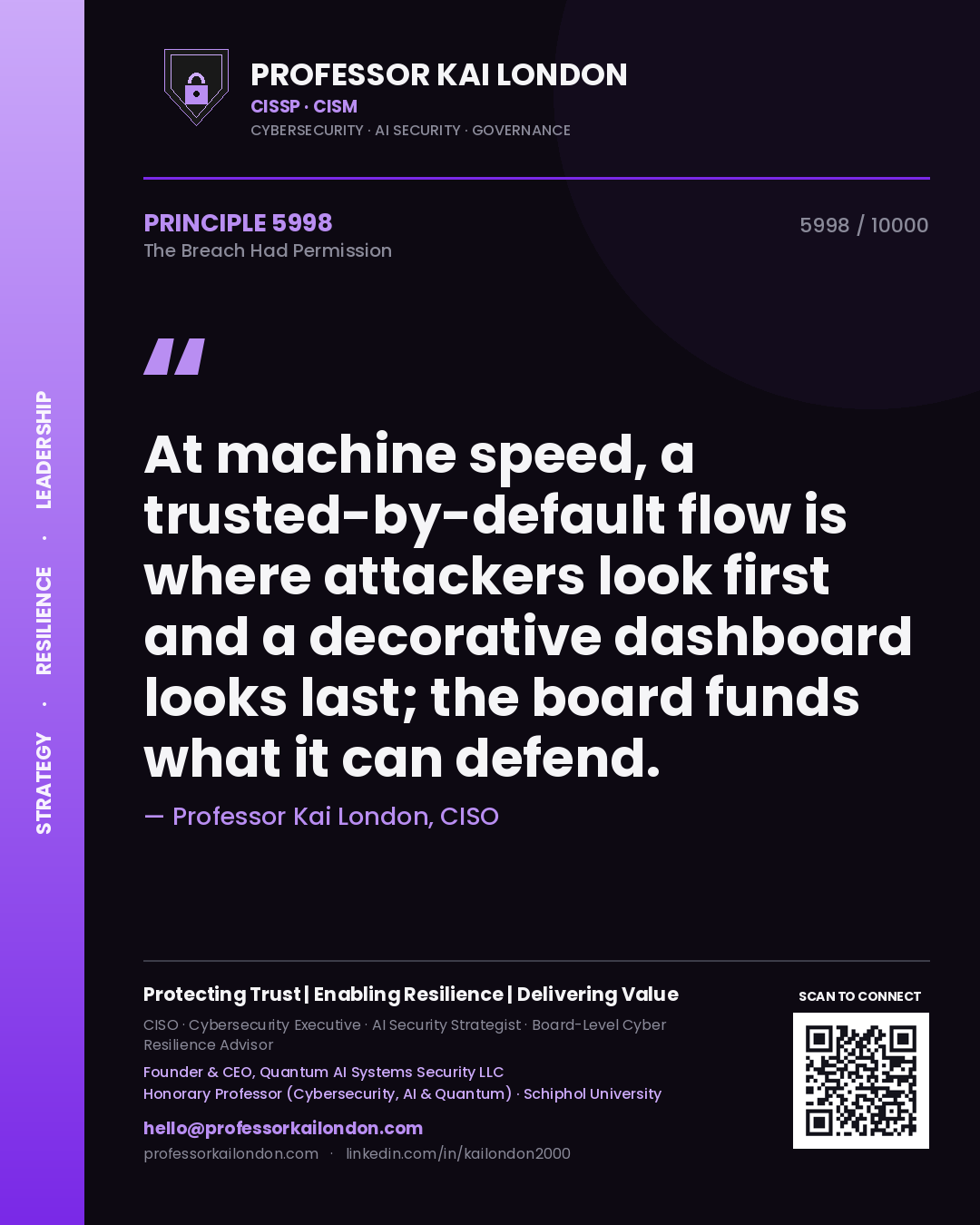 Professor Kai London principle 5998: At machine speed, a trusted-by-default flow is where attackers look first and a decorative dashboard looks last; the board funds what it can defend.