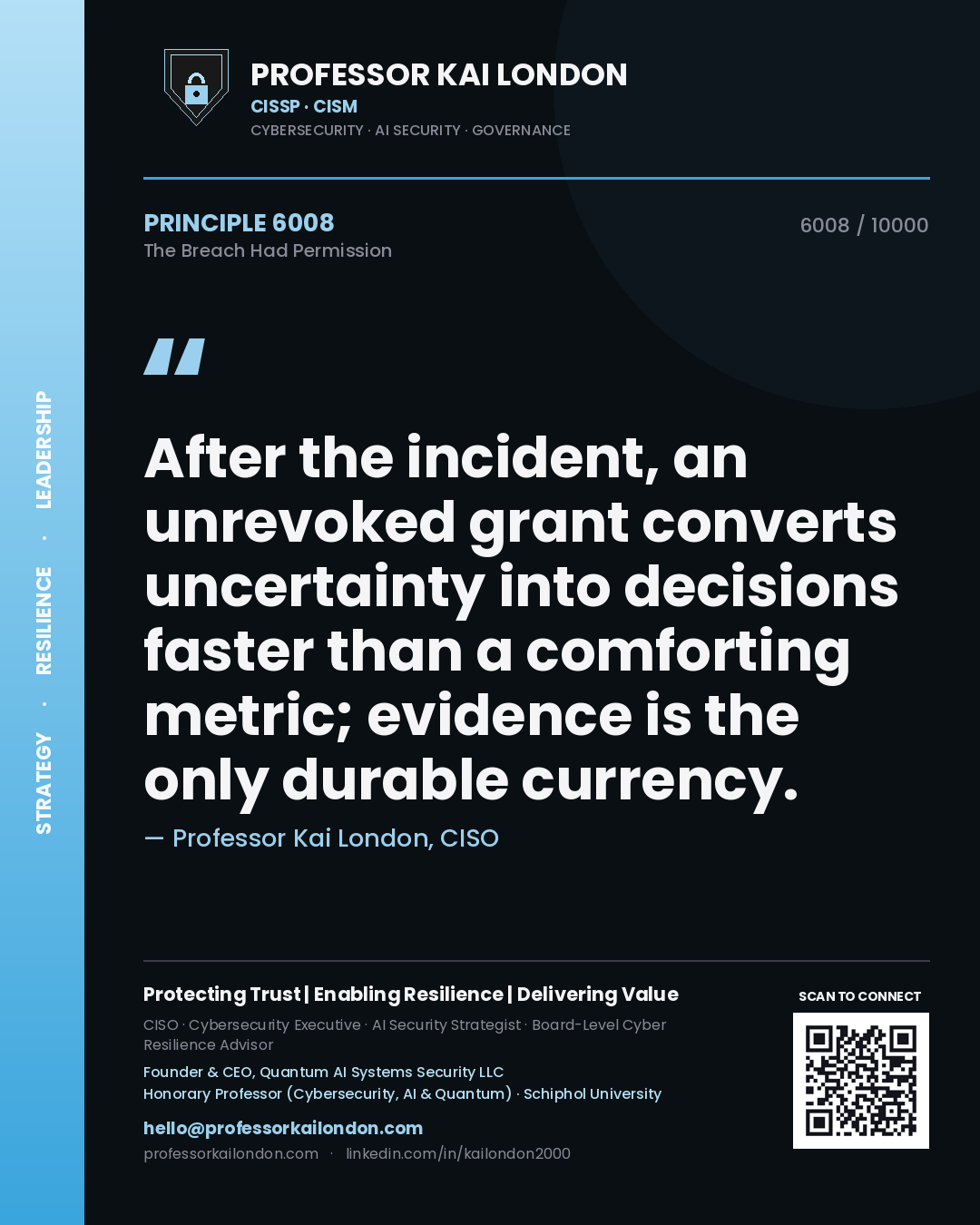 Professor Kai London principle 6008: After the incident, an unrevoked grant converts uncertainty into decisions faster than a comforting metric; evidence is the only durable currency.