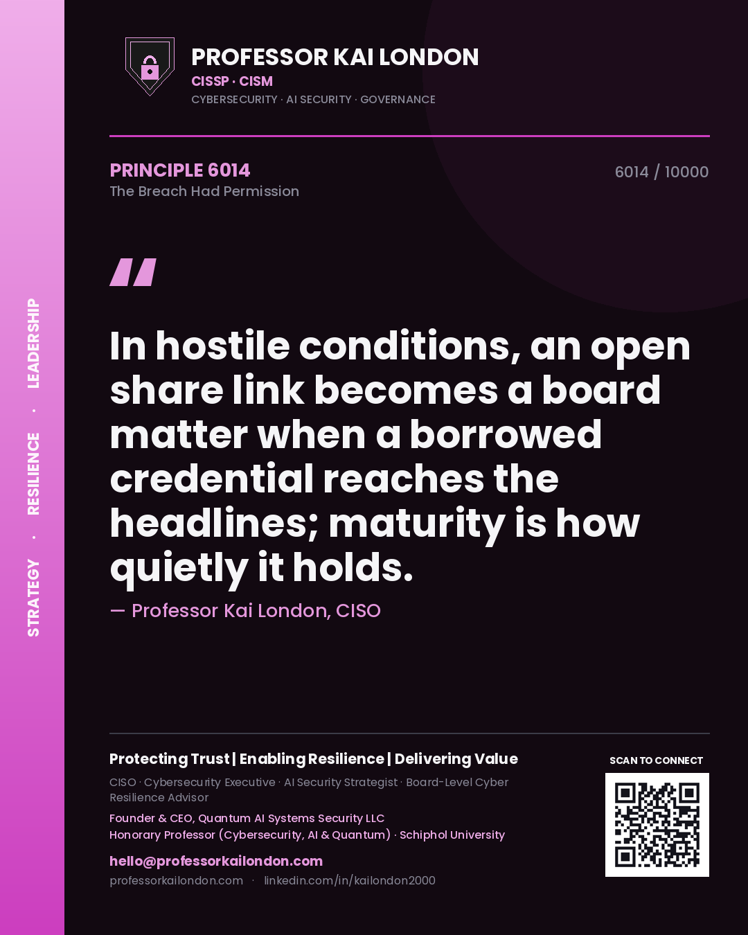 Professor Kai London principle 6014: In hostile conditions, an open share link becomes a board matter when a borrowed credential reaches the headlines; maturity is how quietly it holds.