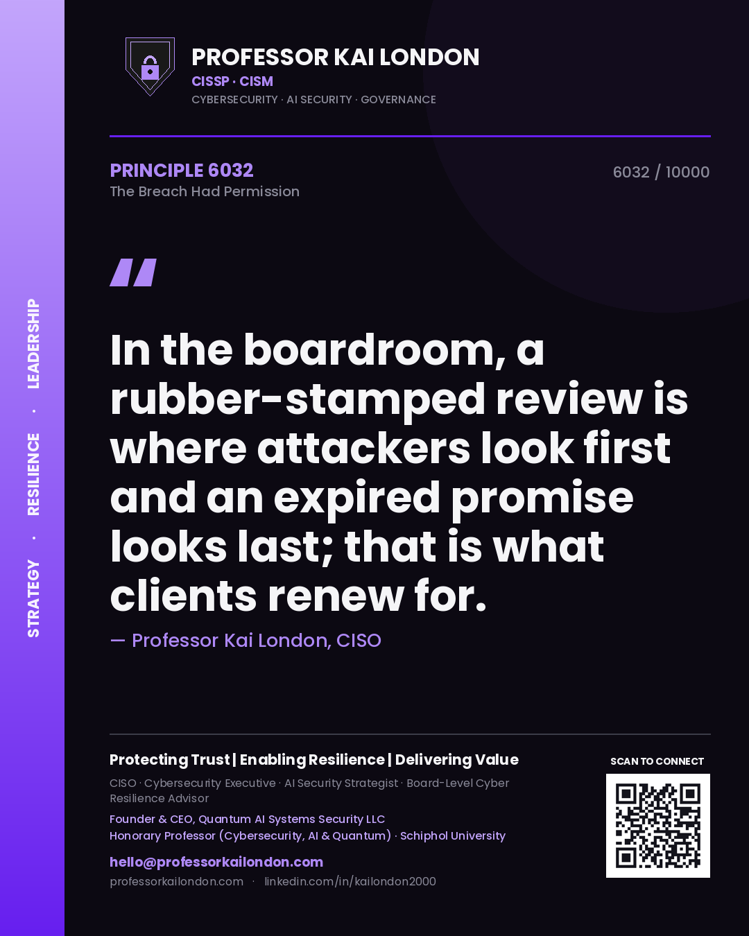 Professor Kai London principle 6032: In the boardroom, a rubber-stamped review is where attackers look first and an expired promise looks last; that is what clients renew for.