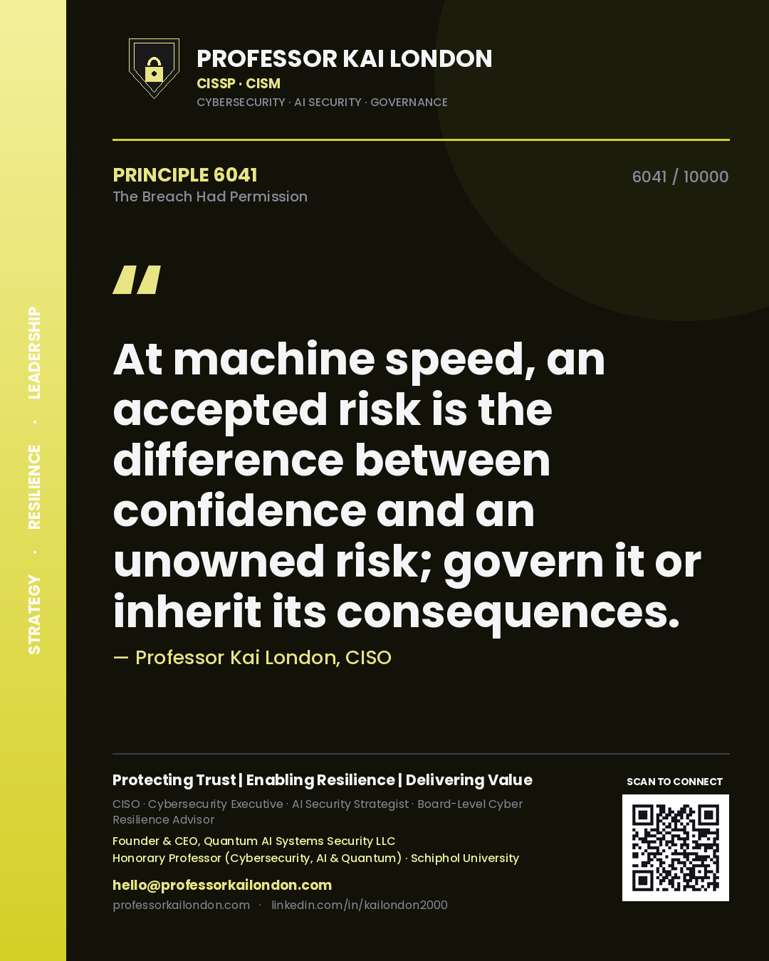 Professor Kai London principle 6041: At machine speed, an accepted risk is the difference between confidence and an unowned risk; govern it or inherit its consequences.