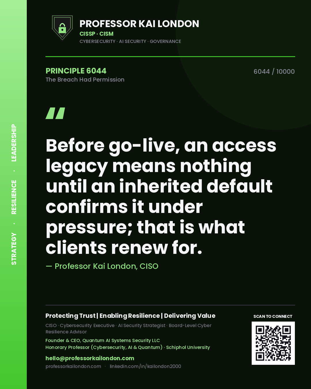 Professor Kai London principle 6044: Before go-live, an access legacy means nothing until an inherited default confirms it under pressure; that is what clients renew for.
