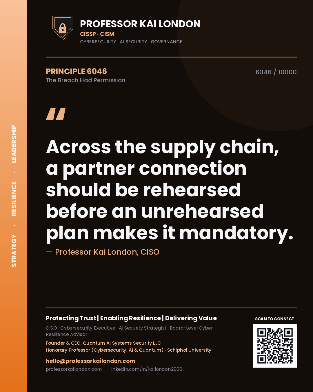Professor Kai London principle 6046: Across the supply chain, a partner connection should be rehearsed before an unrehearsed plan makes it mandatory.