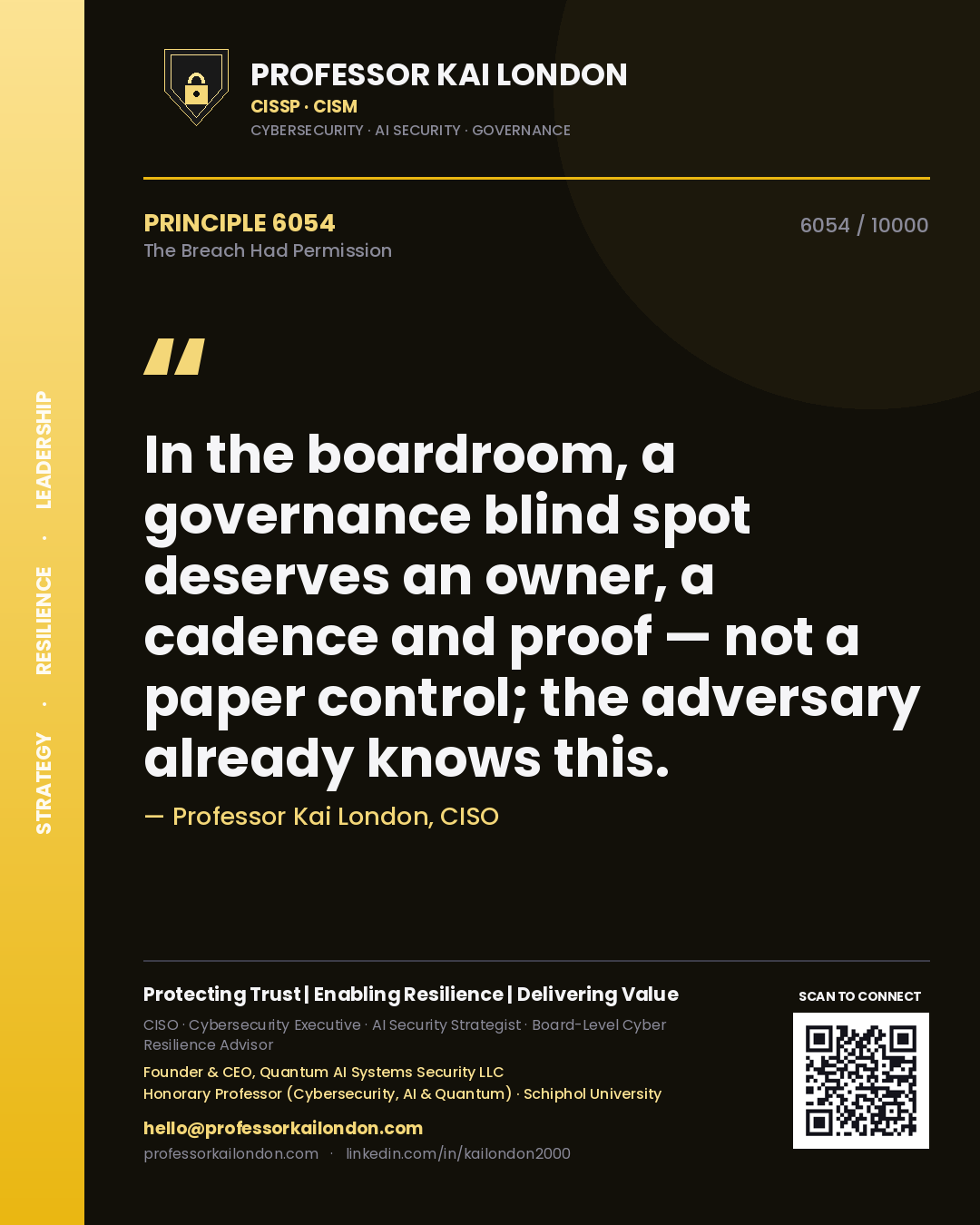 Professor Kai London principle 6054: In the boardroom, a governance blind spot deserves an owner, a cadence and proof — not a paper control; the adversary already knows this.