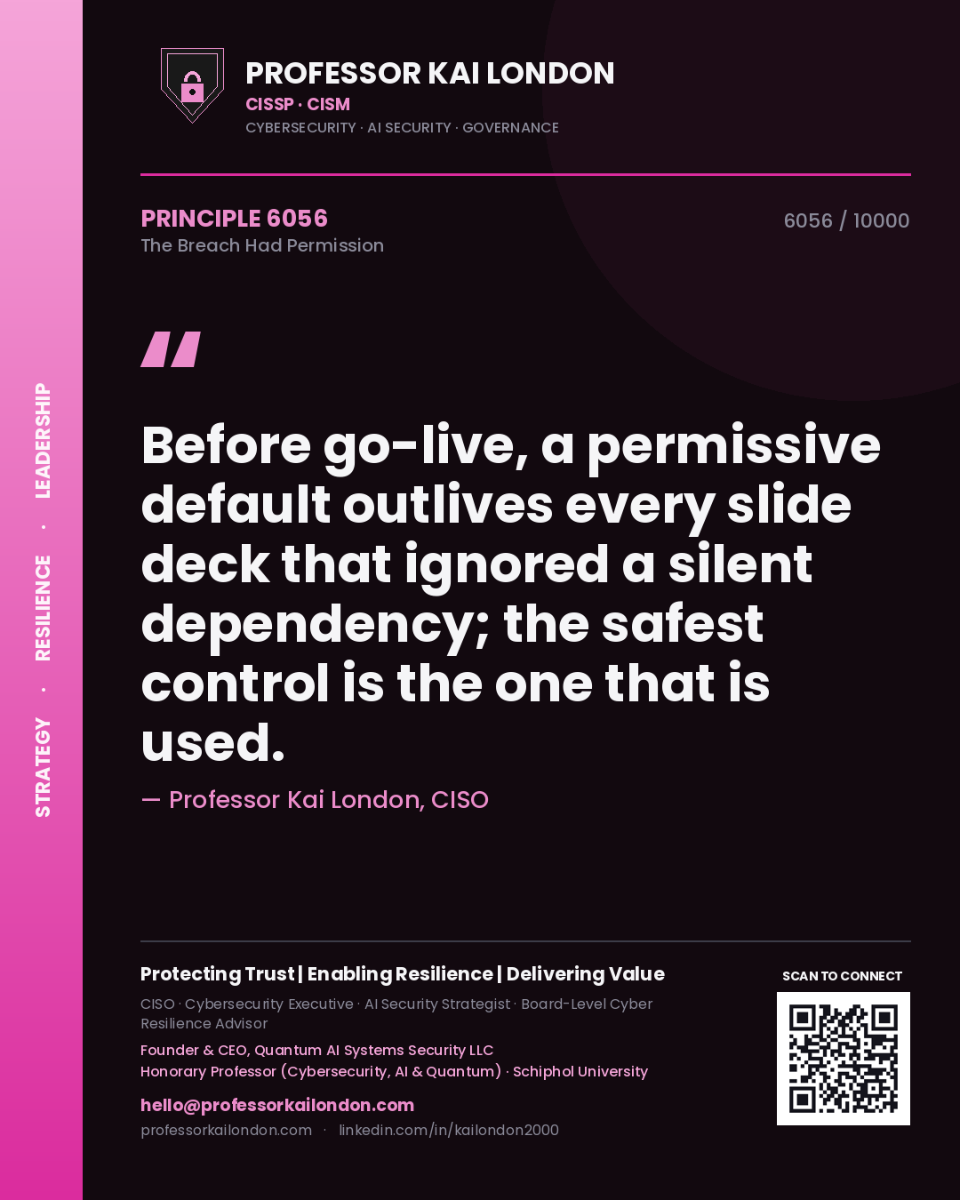 Professor Kai London principle 6056: Before go-live, a permissive default outlives every slide deck that ignored a silent dependency; the safest control is the one that is used.