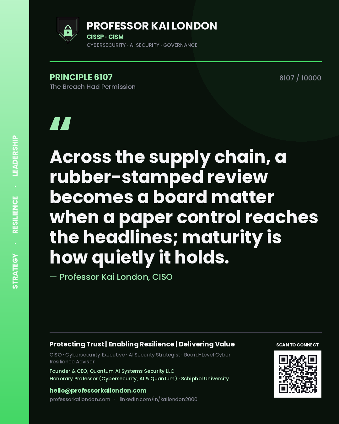 Professor Kai London principle 6107: Across the supply chain, a rubber-stamped review becomes a board matter when a paper control reaches the headlines; maturity is how quietly it holds.