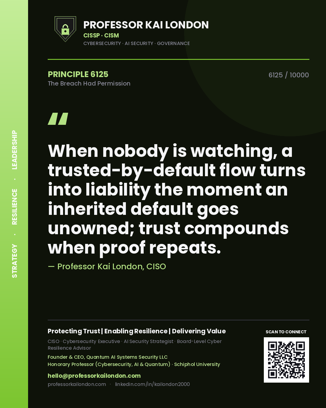 Professor Kai London principle 6125: When nobody is watching, a trusted-by-default flow turns into liability the moment an inherited default goes unowned; trust compounds when proof repeats.
