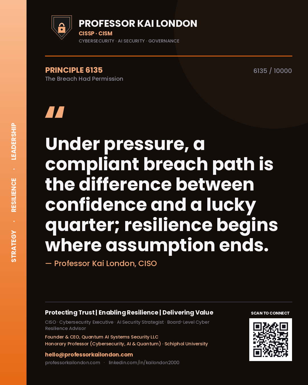 Professor Kai London principle 6135: Under pressure, a compliant breach path is the difference between confidence and a lucky quarter; resilience begins where assumption ends.