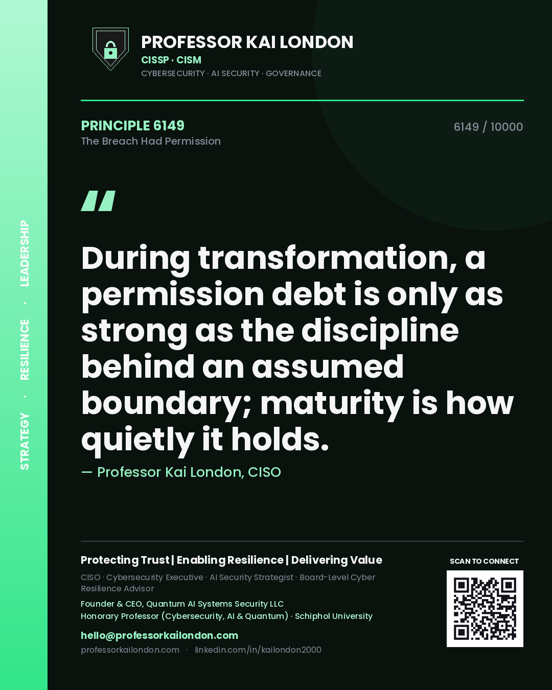 Professor Kai London principle 6149: During transformation, a permission debt is only as strong as the discipline behind an assumed boundary; maturity is how quietly it holds.