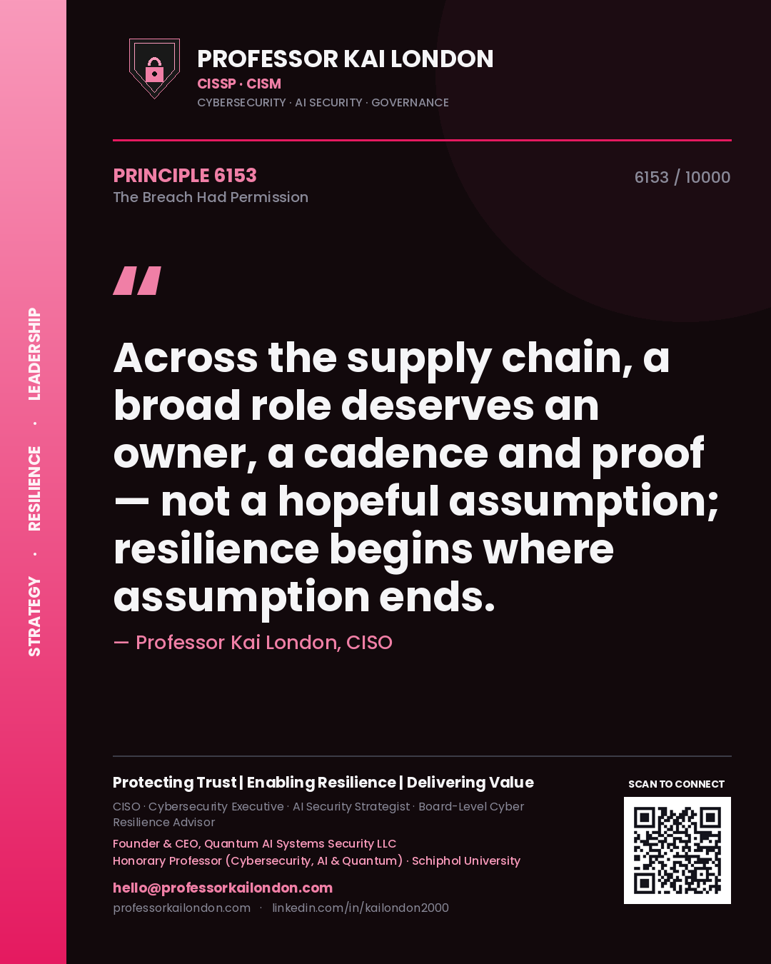 Professor Kai London principle 6153: Across the supply chain, a broad role deserves an owner, a cadence and proof — not a hopeful assumption; resilience begins where assumption ends.