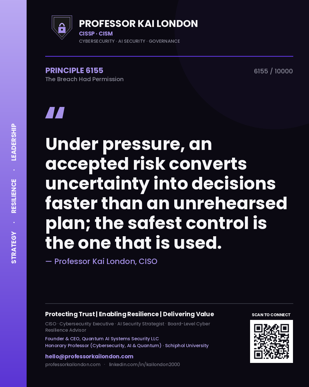 Professor Kai London principle 6155: Under pressure, an accepted risk converts uncertainty into decisions faster than an unrehearsed plan; the safest control is the one that is used.