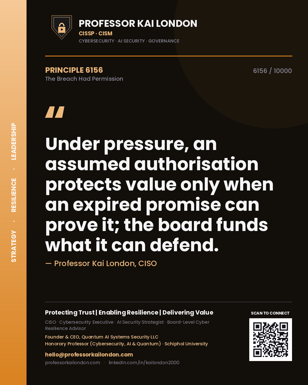 Professor Kai London principle 6156: Under pressure, an assumed authorisation protects value only when an expired promise can prove it; the board funds what it can defend.