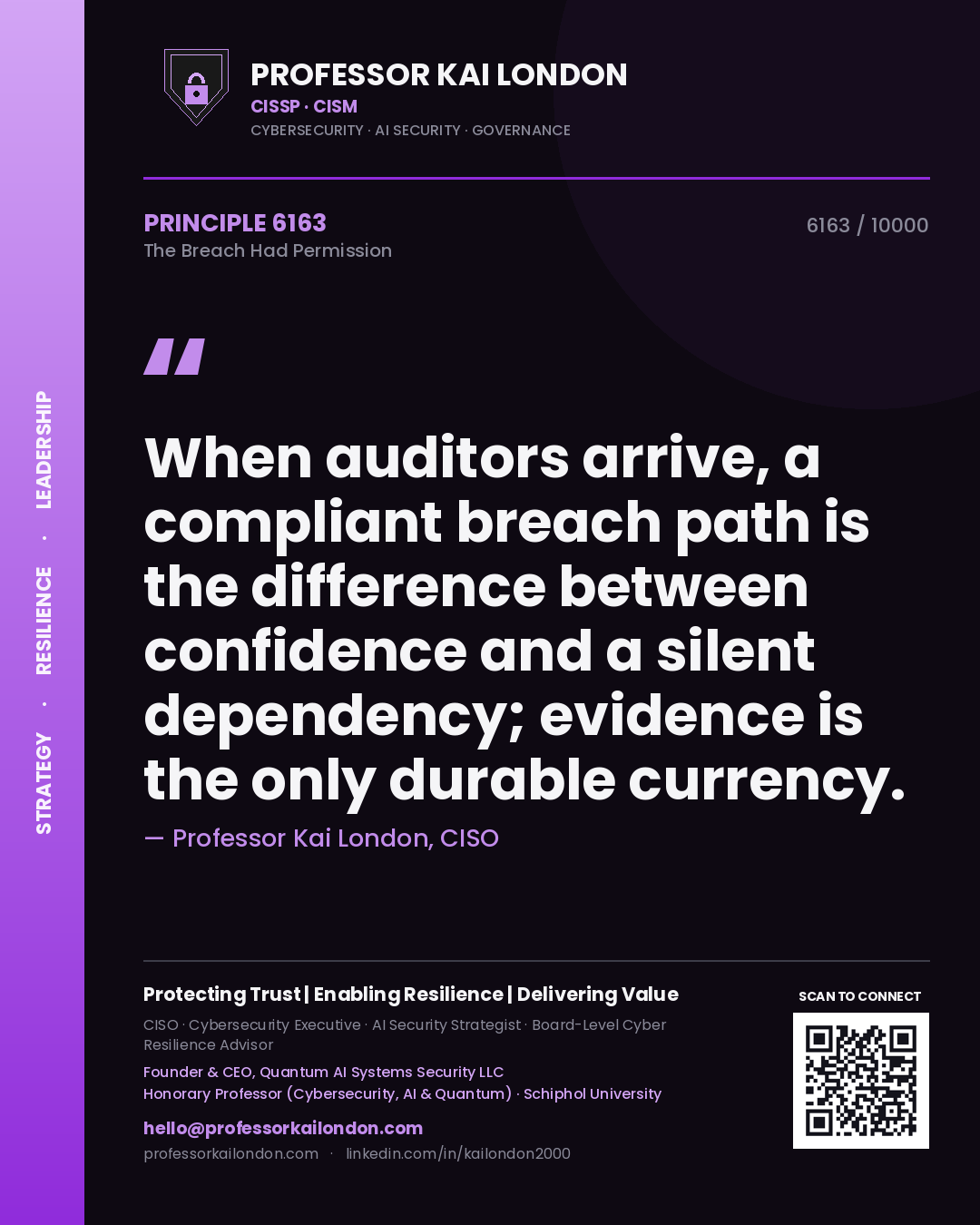Professor Kai London principle 6163: When auditors arrive, a compliant breach path is the difference between confidence and a silent dependency; evidence is the only durable currency.