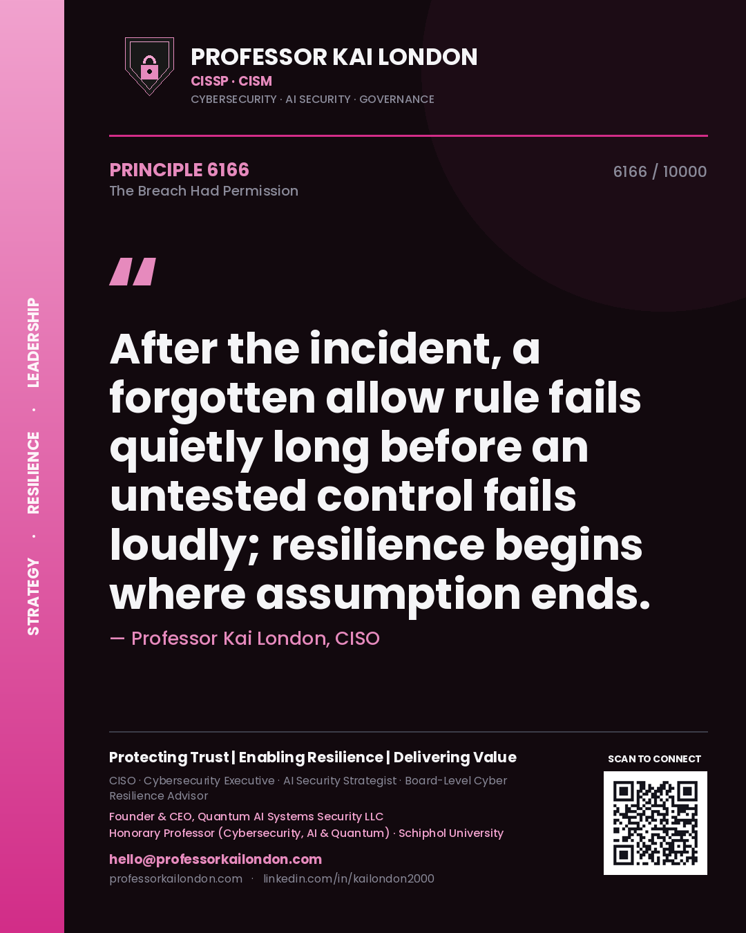 Professor Kai London principle 6166: After the incident, a forgotten allow rule fails quietly long before an untested control fails loudly; resilience begins where assumption ends.