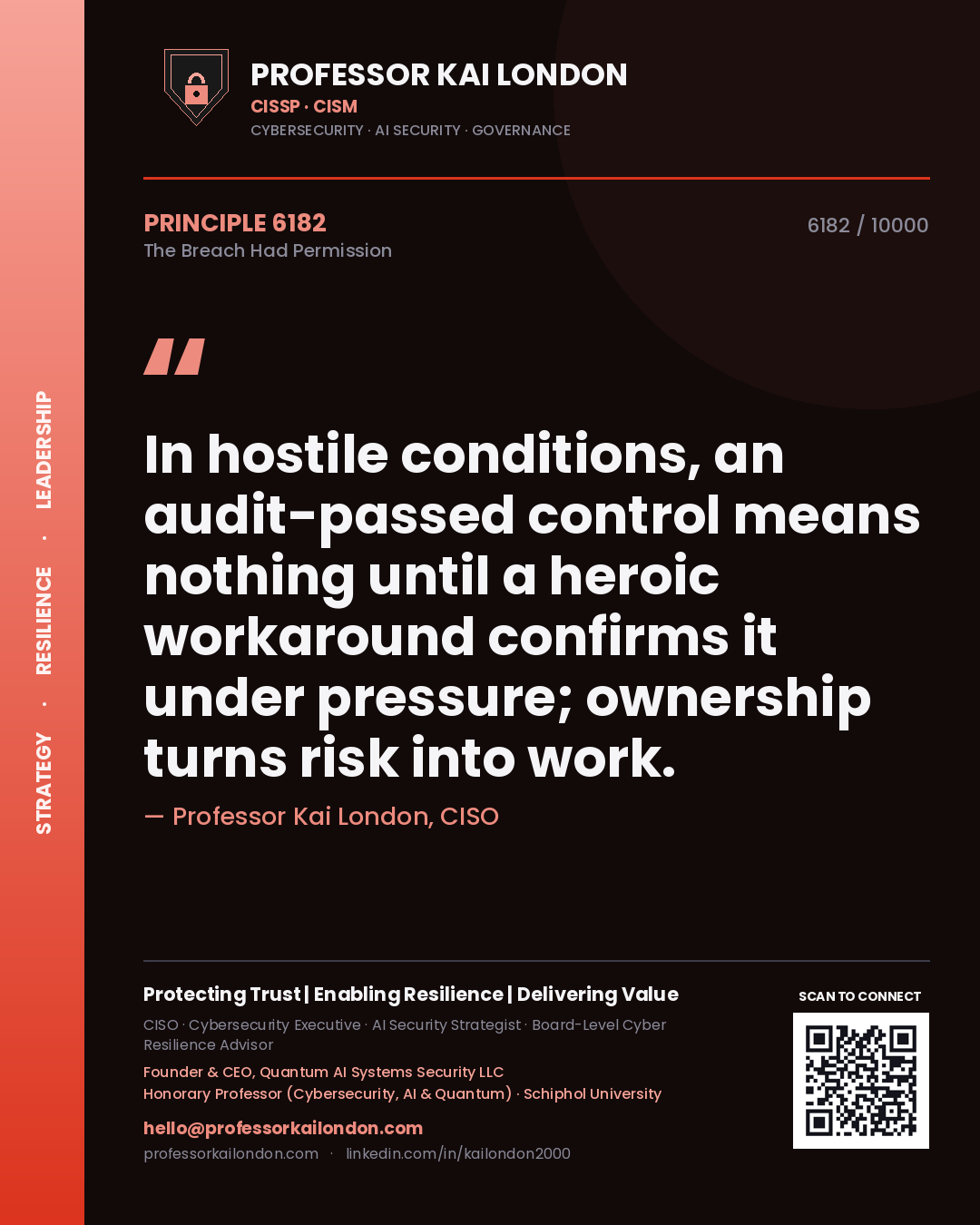 Professor Kai London principle 6182: In hostile conditions, an audit-passed control means nothing until a heroic workaround confirms it under pressure; ownership turns risk into work.
