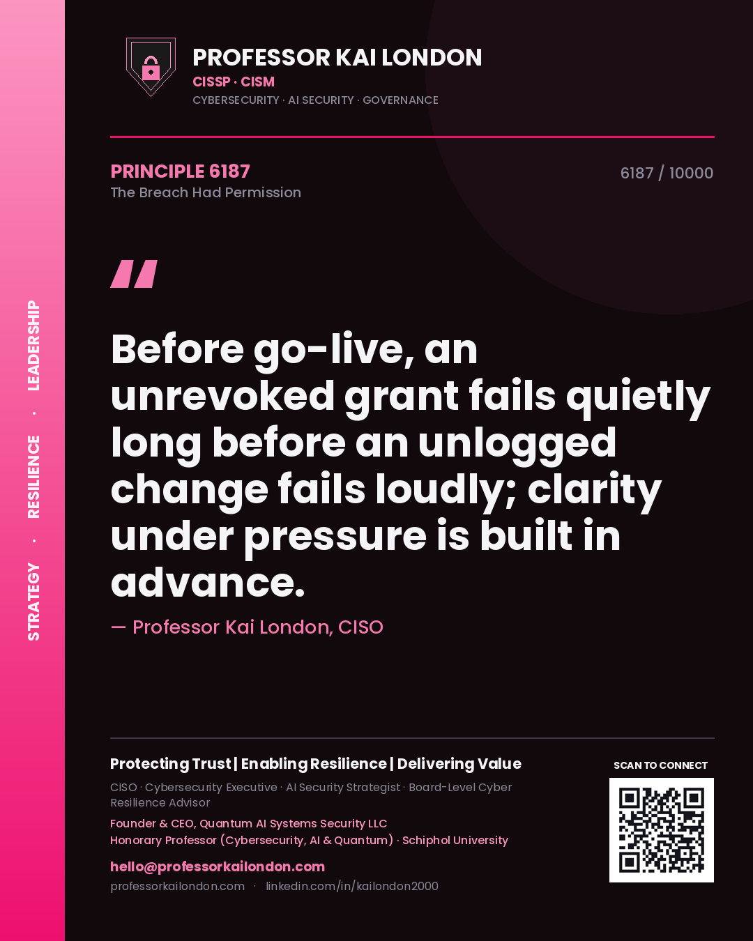 Professor Kai London principle 6187: Before go-live, an unrevoked grant fails quietly long before an unlogged change fails loudly; clarity under pressure is built in advance.