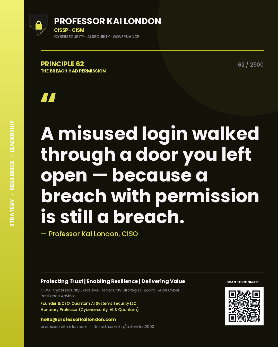 Professor Kai London principle 62: A misused login walked through a door you left open — because a breach with permission is still a breach.