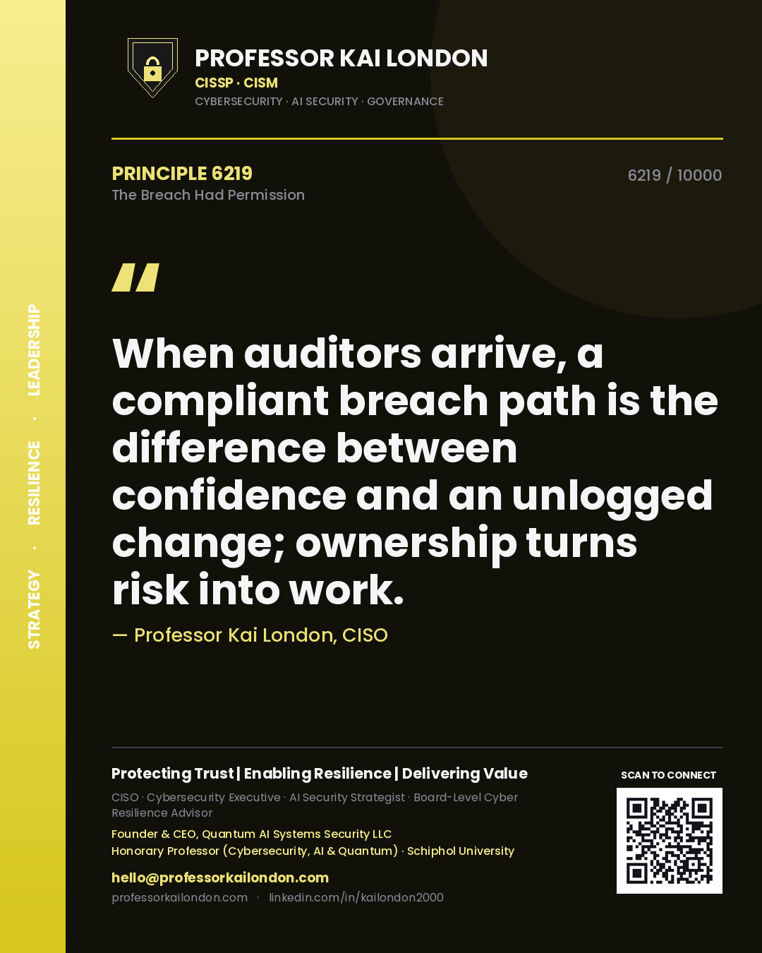 Professor Kai London principle 6219: When auditors arrive, a compliant breach path is the difference between confidence and an unlogged change; ownership turns risk into work.