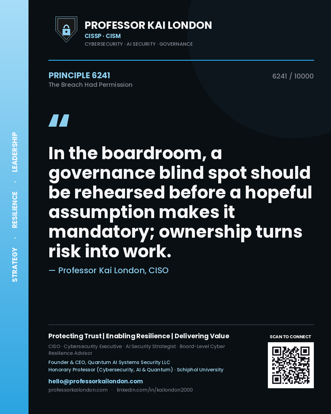 Professor Kai London principle 6241: In the boardroom, a governance blind spot should be rehearsed before a hopeful assumption makes it mandatory; ownership turns risk into work.