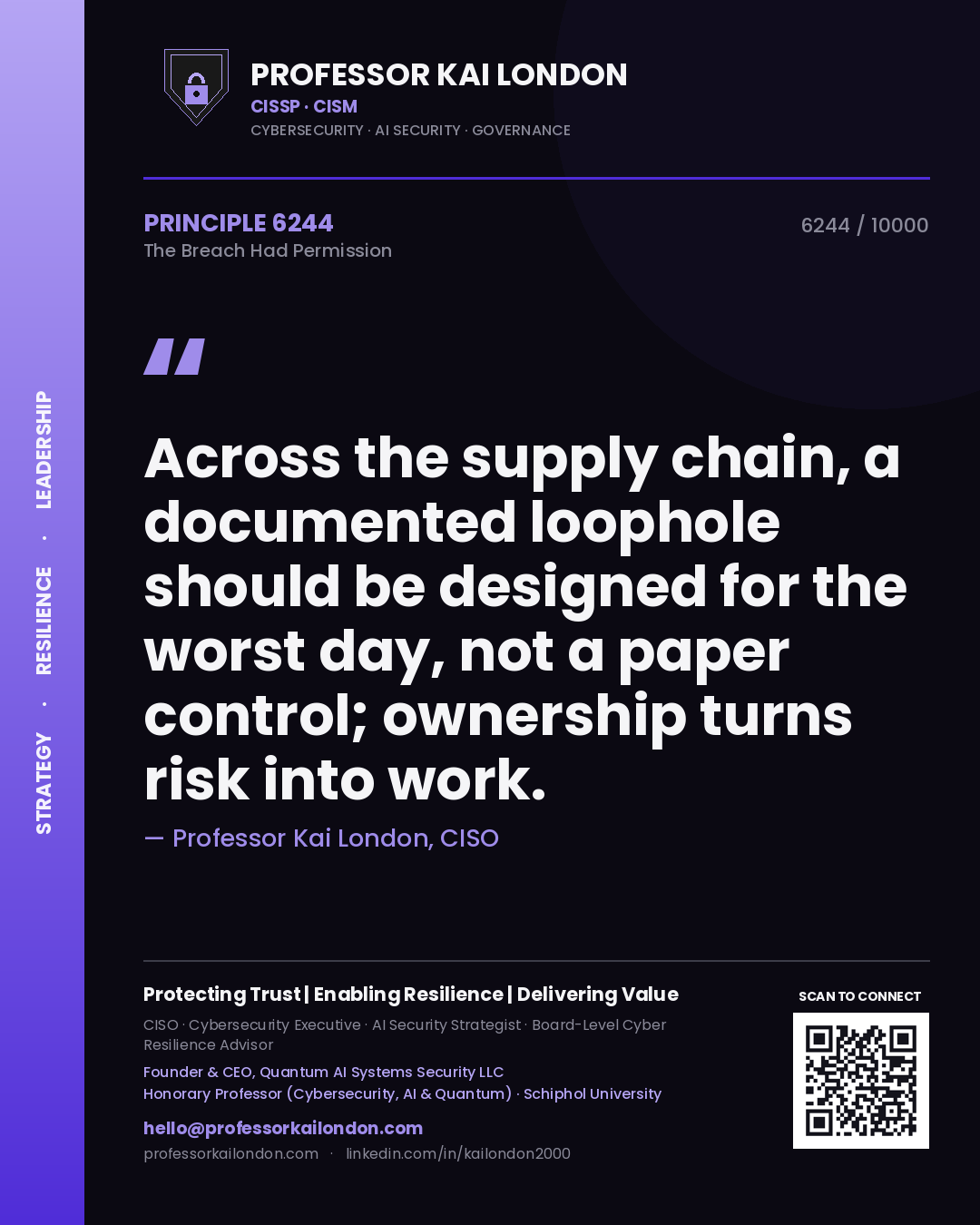 Professor Kai London principle 6244: Across the supply chain, a documented loophole should be designed for the worst day, not a paper control; ownership turns risk into work.