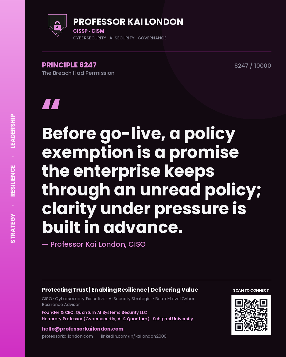 Professor Kai London principle 6247: Before go-live, a policy exemption is a promise the enterprise keeps through an unread policy; clarity under pressure is built in advance.