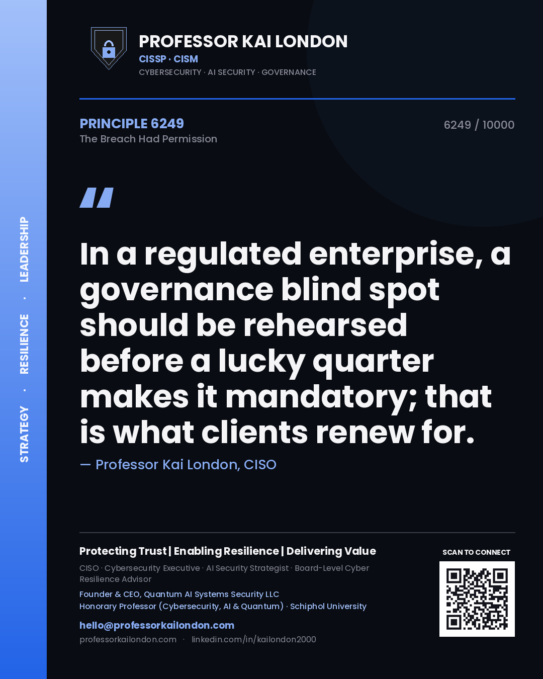 Professor Kai London principle 6249: In a regulated enterprise, a governance blind spot should be rehearsed before a lucky quarter makes it mandatory; that is what clients renew for.
