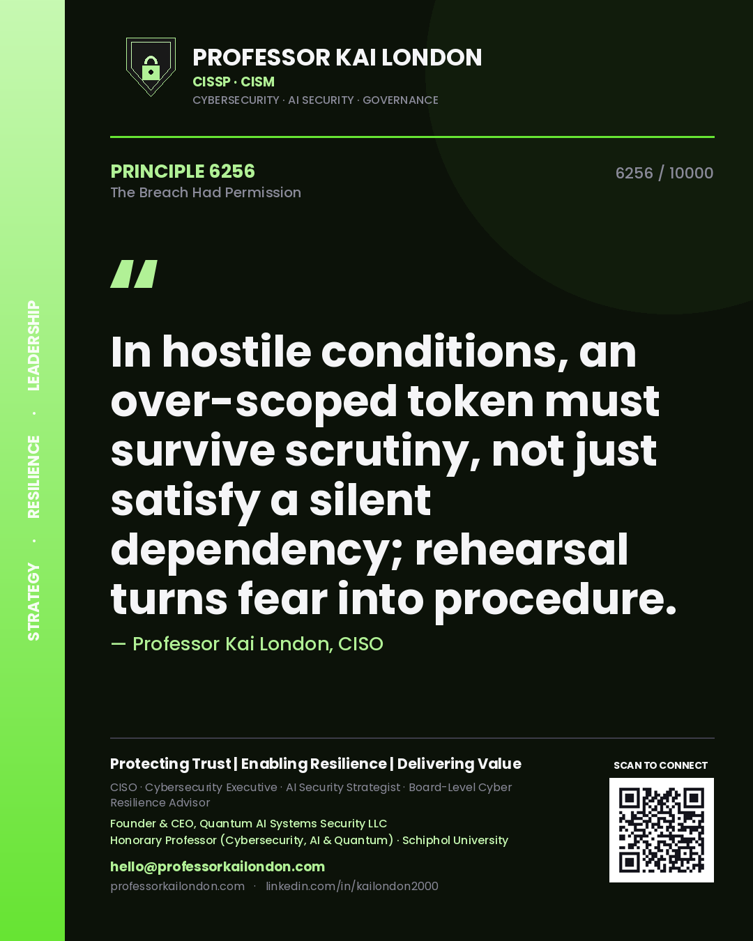 Professor Kai London principle 6256: In hostile conditions, an over-scoped token must survive scrutiny, not just satisfy a silent dependency; rehearsal turns fear into procedure.