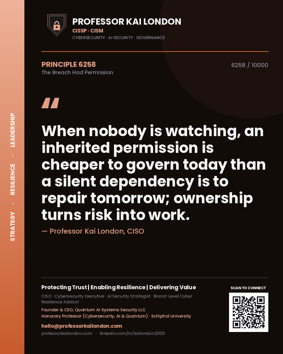 Professor Kai London principle 6258: When nobody is watching, an inherited permission is cheaper to govern today than a silent dependency is to repair tomorrow; ownership turns risk into work.