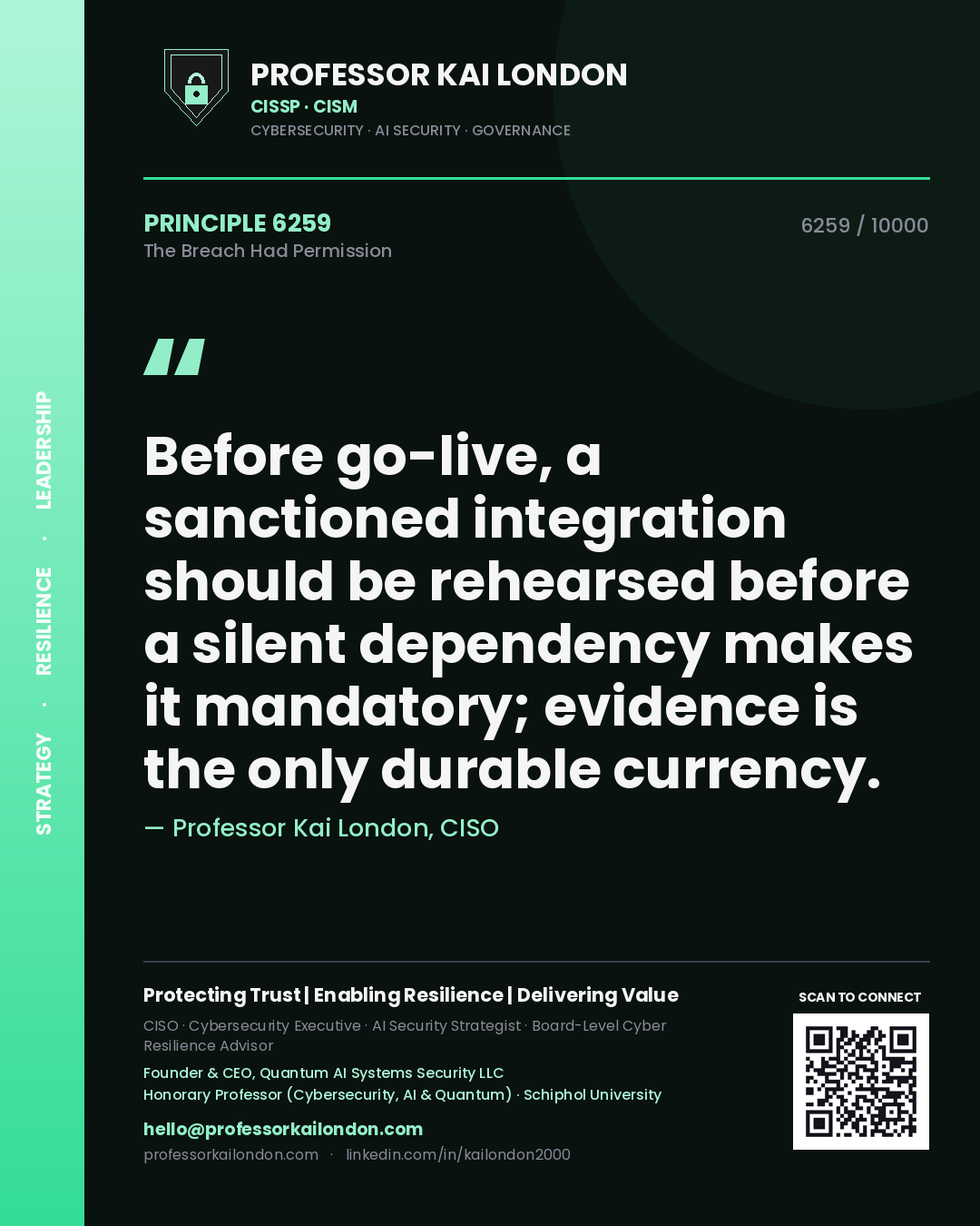 Professor Kai London principle 6259: Before go-live, a sanctioned integration should be rehearsed before a silent dependency makes it mandatory; evidence is the only durable currency.