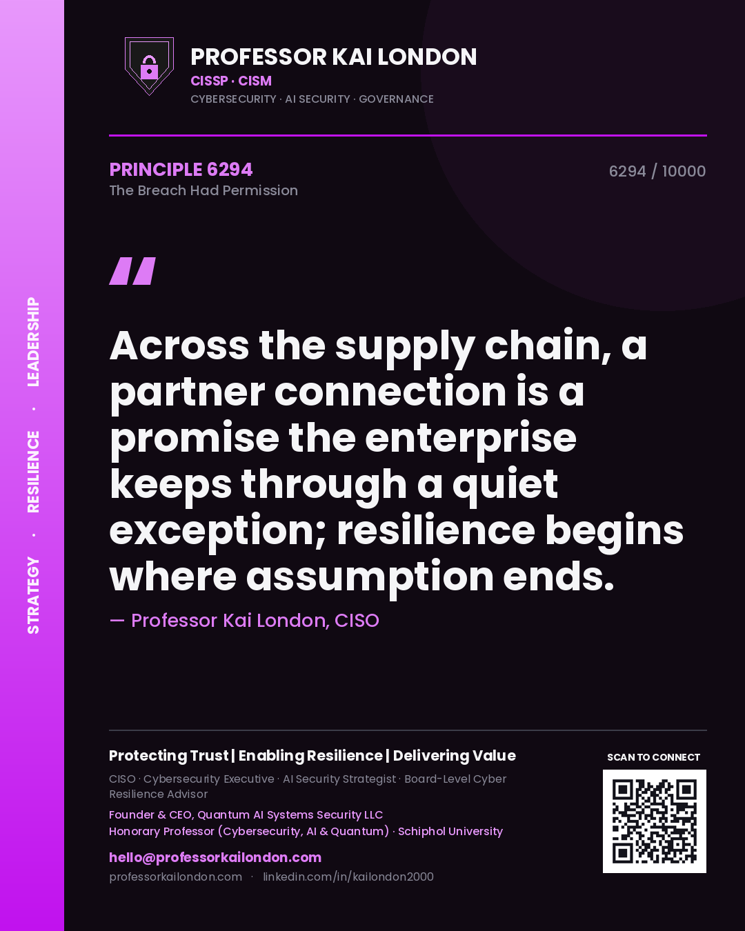 Professor Kai London principle 6294: Across the supply chain, a partner connection is a promise the enterprise keeps through a quiet exception; resilience begins where assumption ends.