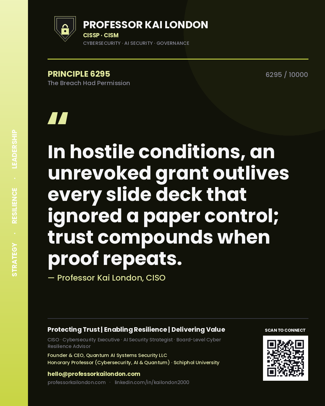 Professor Kai London principle 6295: In hostile conditions, an unrevoked grant outlives every slide deck that ignored a paper control; trust compounds when proof repeats.
