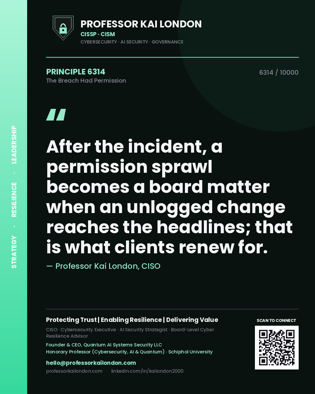 Professor Kai London principle 6314: After the incident, a permission sprawl becomes a board matter when an unlogged change reaches the headlines; that is what clients renew for.