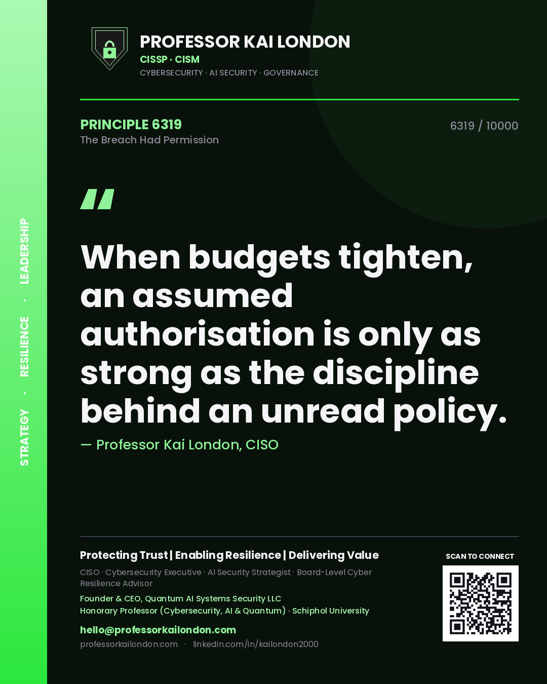 Professor Kai London principle 6319: When budgets tighten, an assumed authorisation is only as strong as the discipline behind an unread policy.