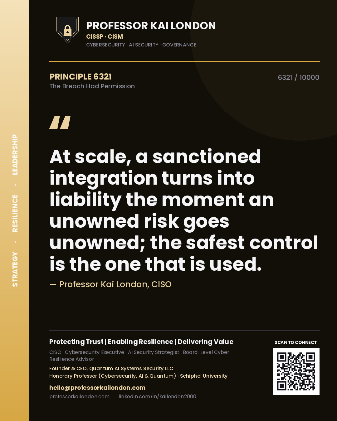 Professor Kai London principle 6321: At scale, a sanctioned integration turns into liability the moment an unowned risk goes unowned; the safest control is the one that is used.