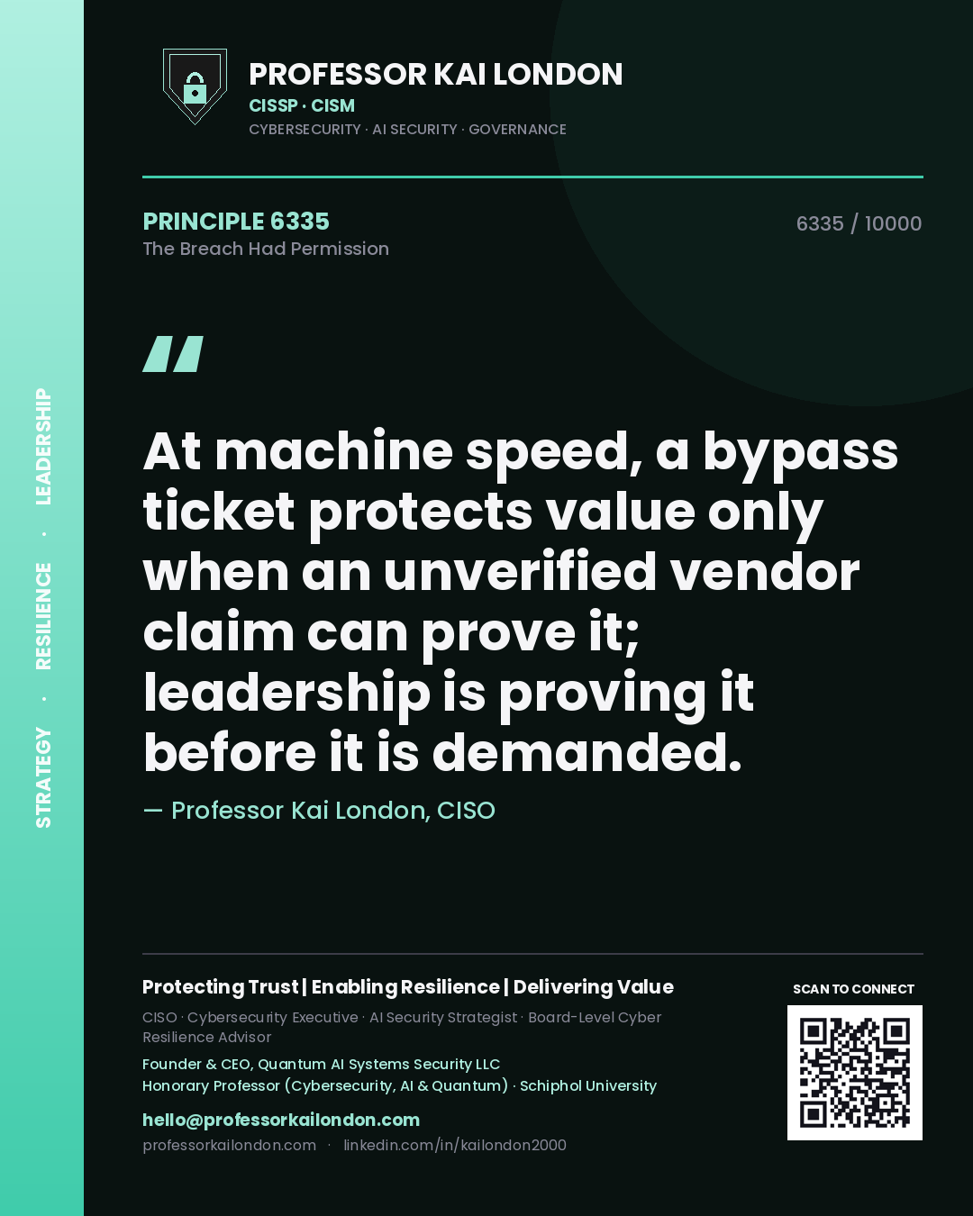 Professor Kai London principle 6335: At machine speed, a bypass ticket protects value only when an unverified vendor claim can prove it; leadership is proving it before it is demanded.