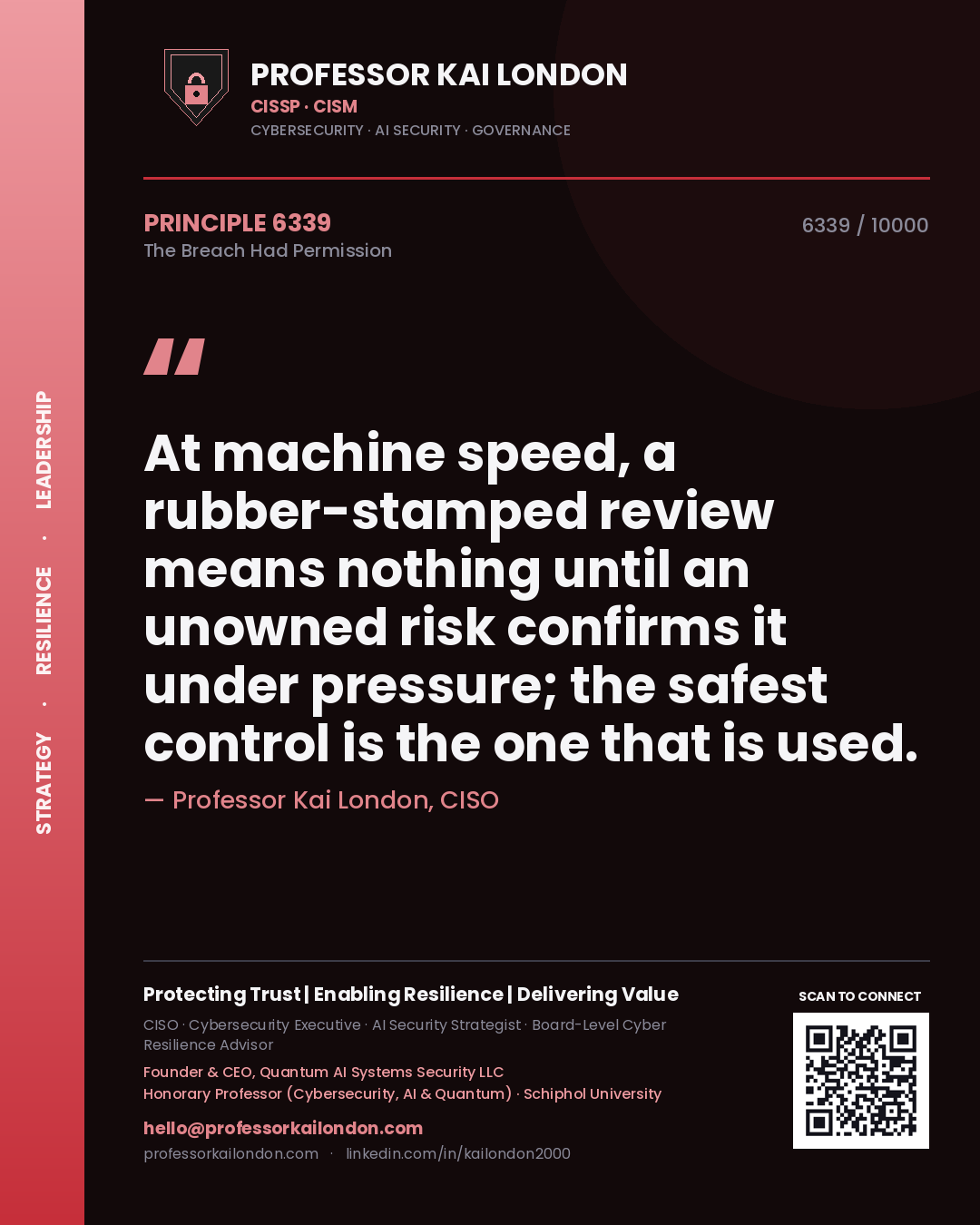 Professor Kai London principle 6339: At machine speed, a rubber-stamped review means nothing until an unowned risk confirms it under pressure; the safest control is the one that is used.