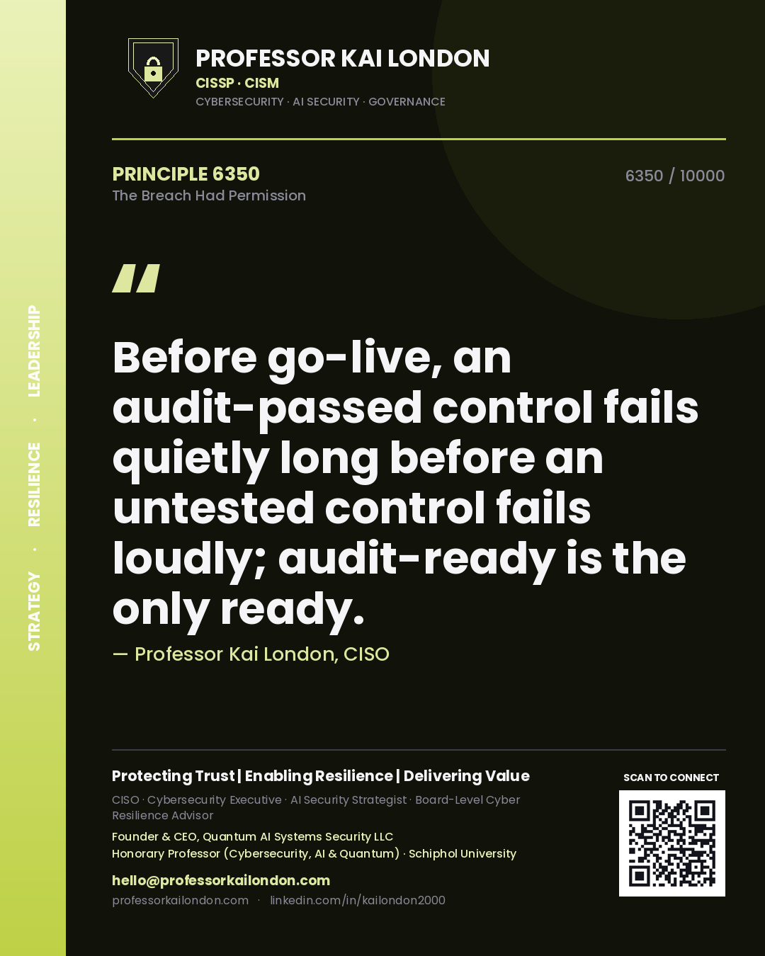 Professor Kai London principle 6350: Before go-live, an audit-passed control fails quietly long before an untested control fails loudly; audit-ready is the only ready.