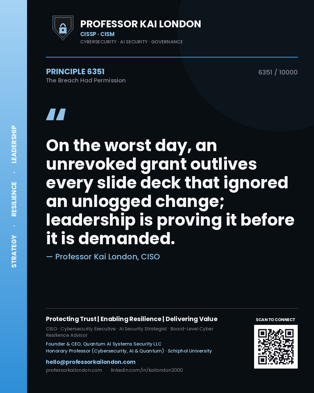 Professor Kai London principle 6351: On the worst day, an unrevoked grant outlives every slide deck that ignored an unlogged change; leadership is proving it before it is demanded.