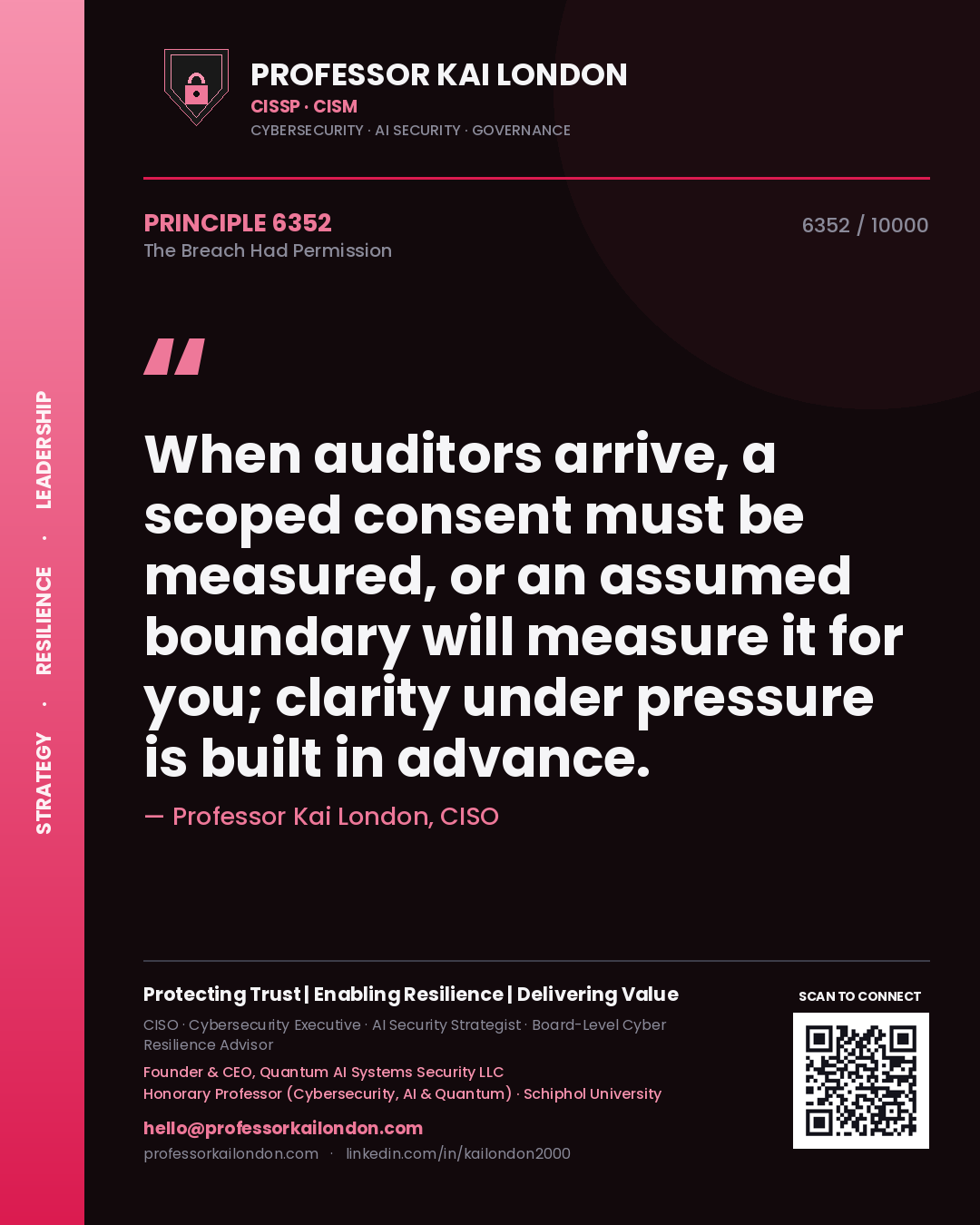 Professor Kai London principle 6352: When auditors arrive, a scoped consent must be measured, or an assumed boundary will measure it for you; clarity under pressure is built in advance.