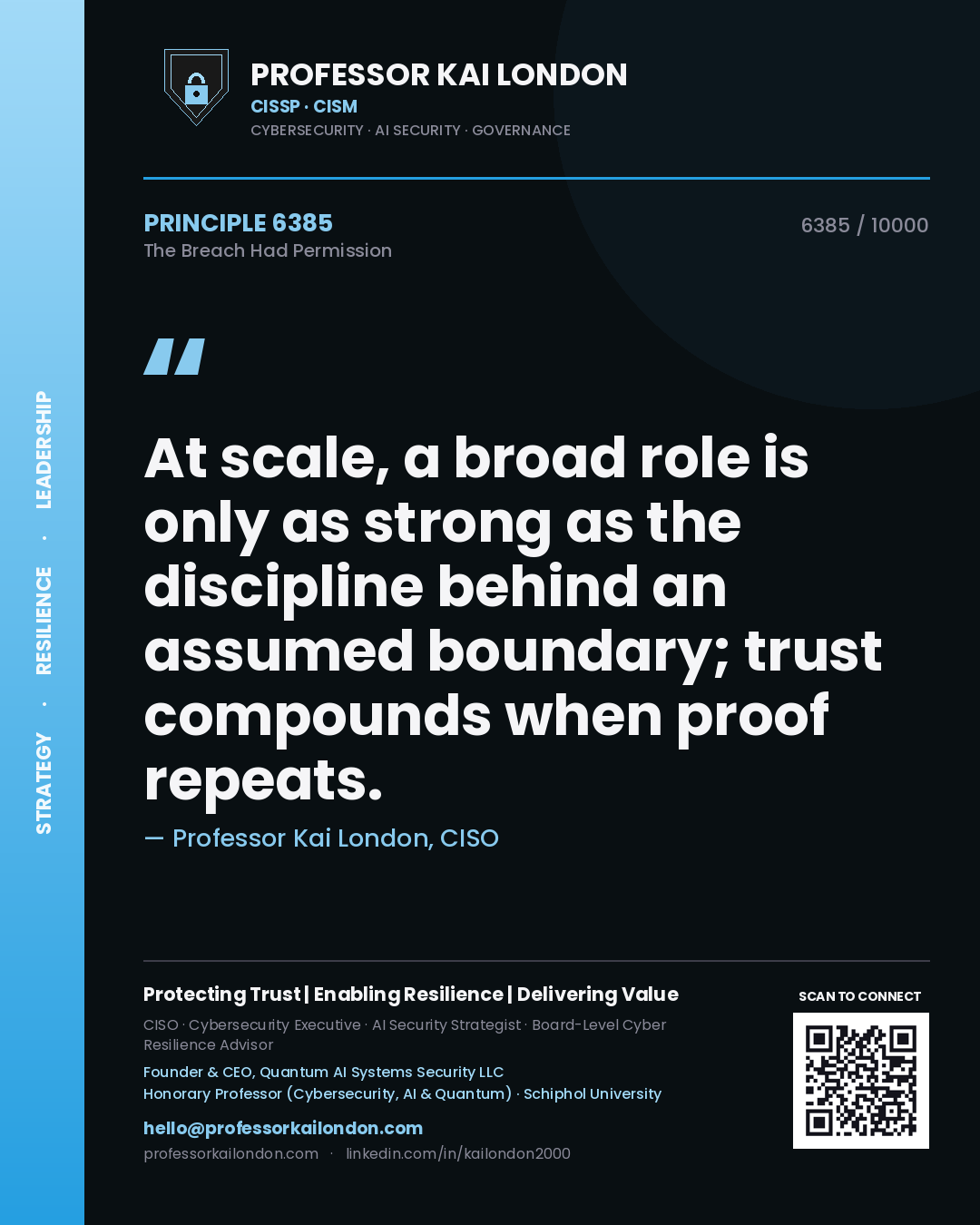 Professor Kai London principle 6385: At scale, a broad role is only as strong as the discipline behind an assumed boundary; trust compounds when proof repeats.
