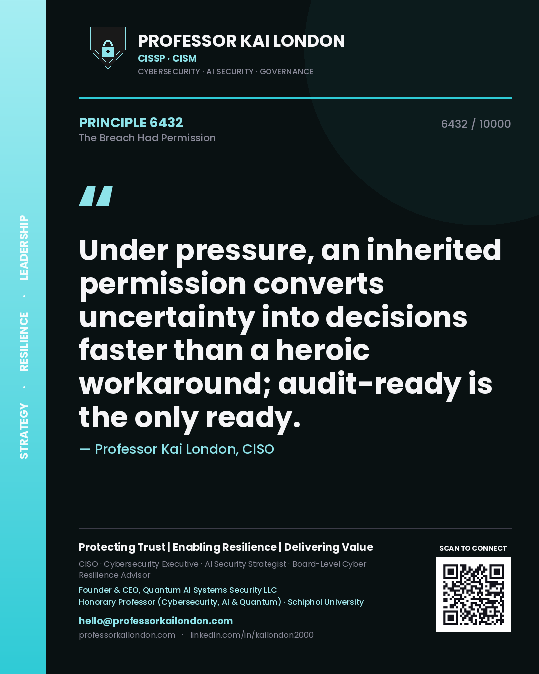 Professor Kai London principle 6432: Under pressure, an inherited permission converts uncertainty into decisions faster than a heroic workaround; audit-ready is the only ready.