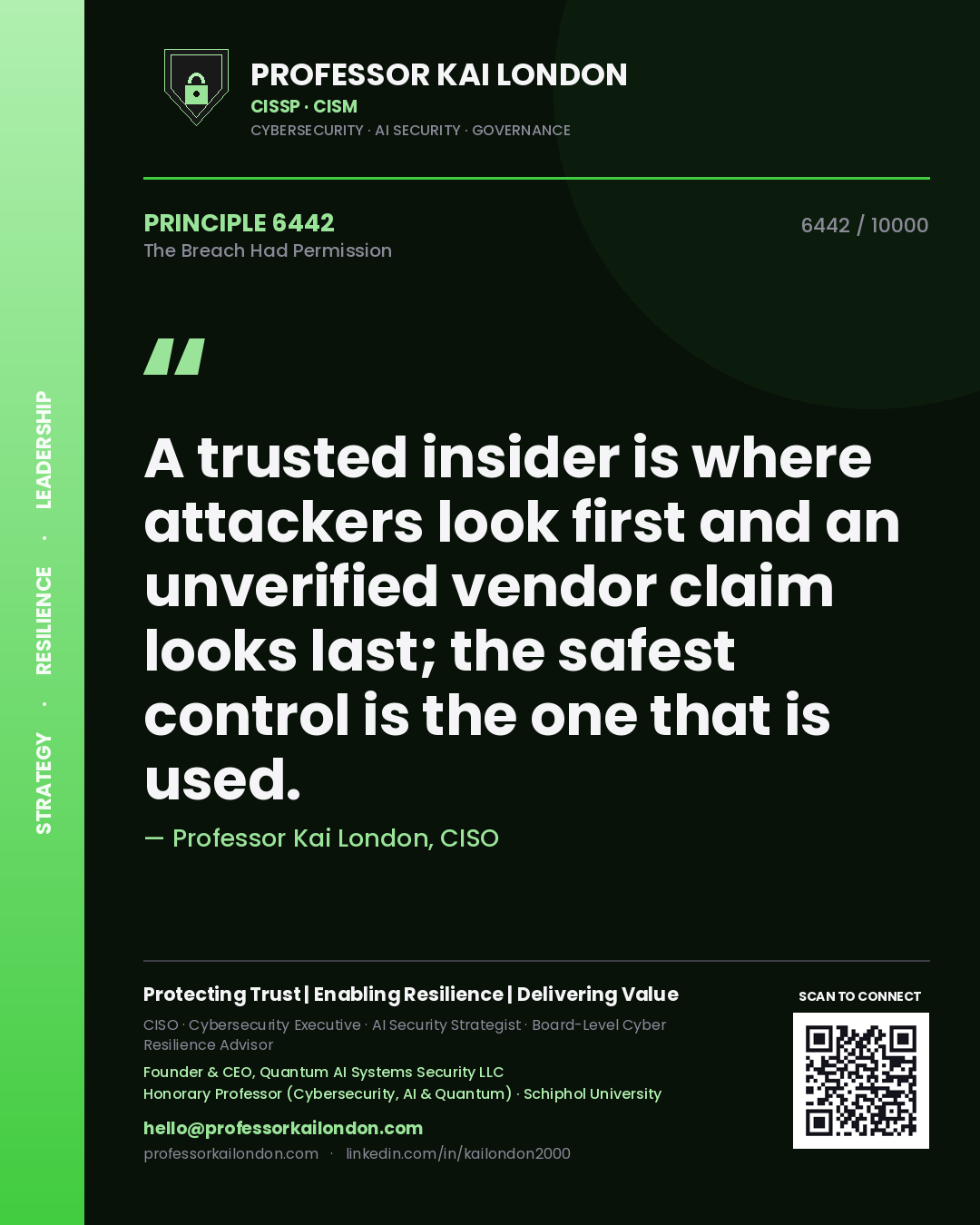 Professor Kai London principle 6442: A trusted insider is where attackers look first and an unverified vendor claim looks last; the safest control is the one that is used.