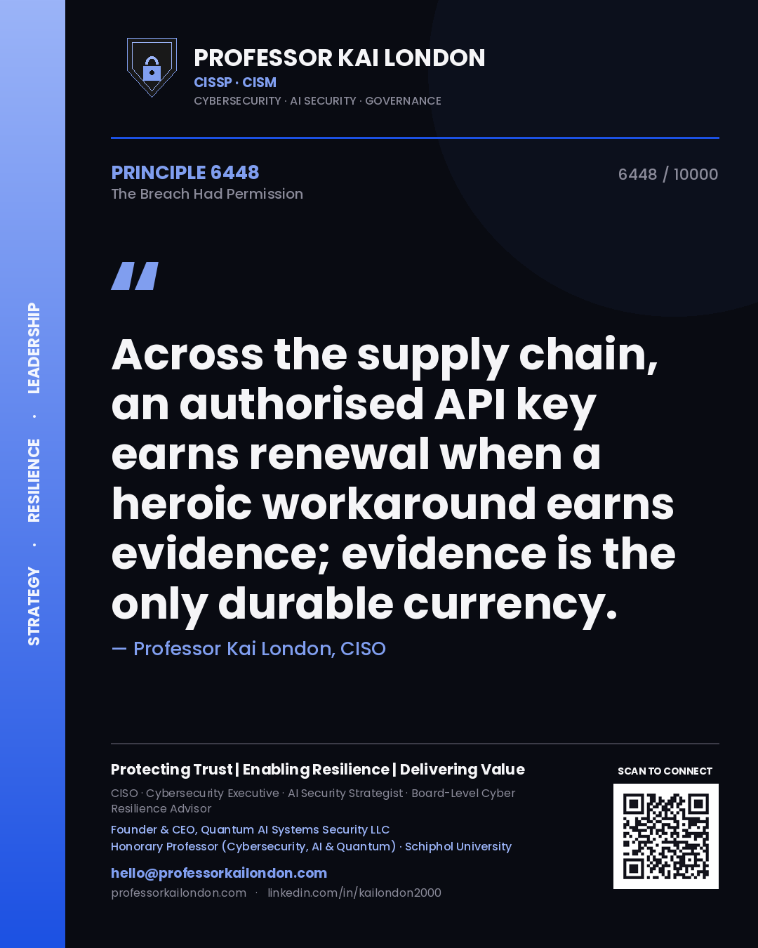 Professor Kai London principle 6448: Across the supply chain, an authorised API key earns renewal when a heroic workaround earns evidence; evidence is the only durable currency.